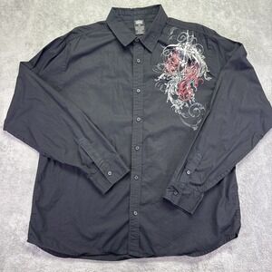Vintage Y2K MMA Elite Button Up Shirt Mens 2XL Black Long Sleeve Tattoo Grunge